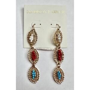 NWT Madison Parker by WEINGEROFF Gold-Tone Red Blue White Drop Earrings 3" L
